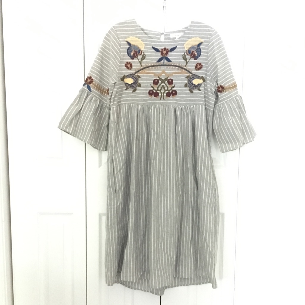 Women's Floral Embroidered Striped Midi Dress